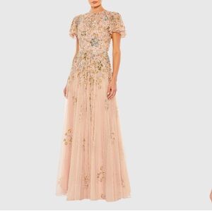 Mac Duggal Beige Embellished Butterfly Sleeve High Neck Gown NWT